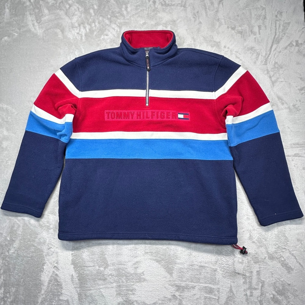 Vintage Tommy Hilfiger Mens Large Blue Red Fleece Sweatshirt 1/4 Zip Spellout